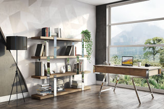Modrest Brewer - Modern Walnut Glass & Stainless Steel Bookshelf