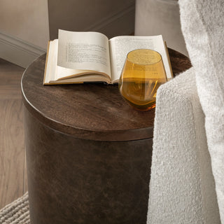 Andra Leather Round Accent Table - Cocoa Brown
