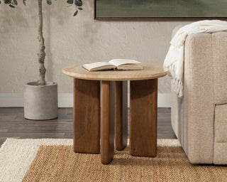 Idella Travertine Round End Table - Tan