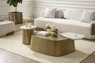 Yano - Modern White Marble + Antique Brass Coffee Table Set