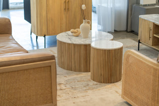 Modrest Cambridge - Modern White Marble & Washed Mango Round Coffee Table