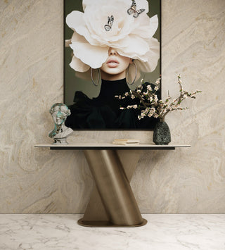 Lamod Kiefer - Modern Faux Travertine Ceramic + Bronze Console Table