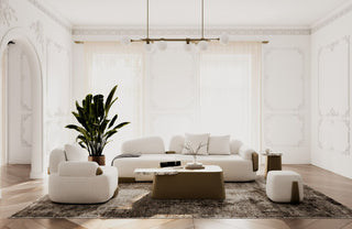 Rainier - Contemporary Off-White Fabric + Antique Brass Ottoman