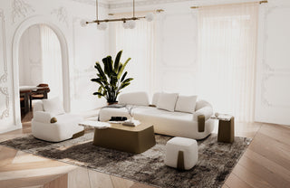 Rainier - Contemporary Off-White Fabric + Antique Brass Ottoman